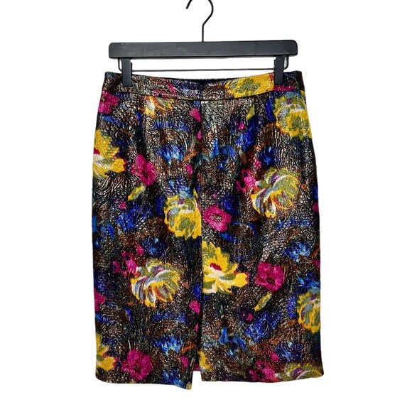 J. Crew Silk Cotton Black Floral Metallic Textured Straight Pencil Skirt 4 - Picture 7 of 9